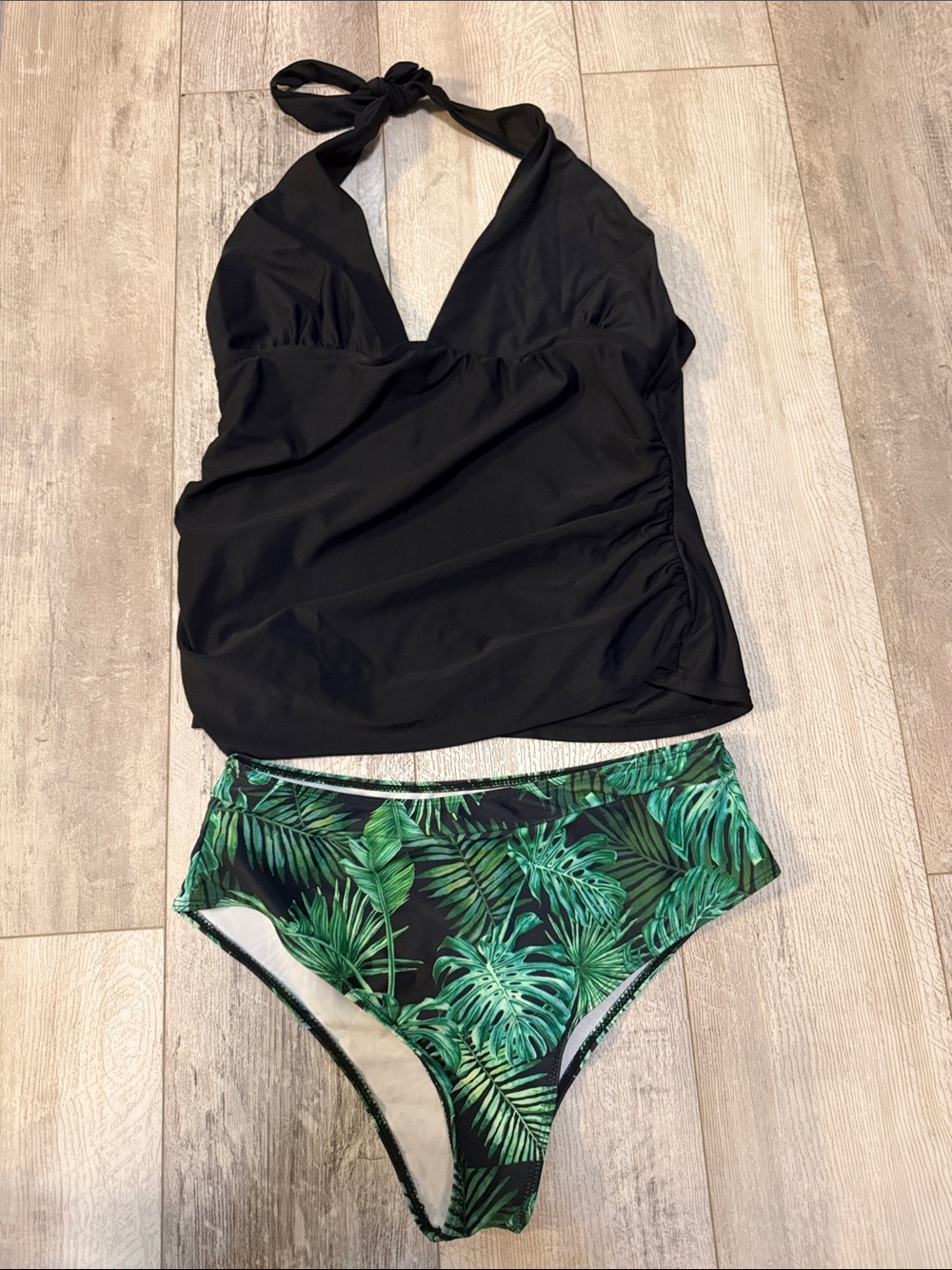 Women's Black Halter Tankini with Green Tropical High-Waist Bikini Bottoms